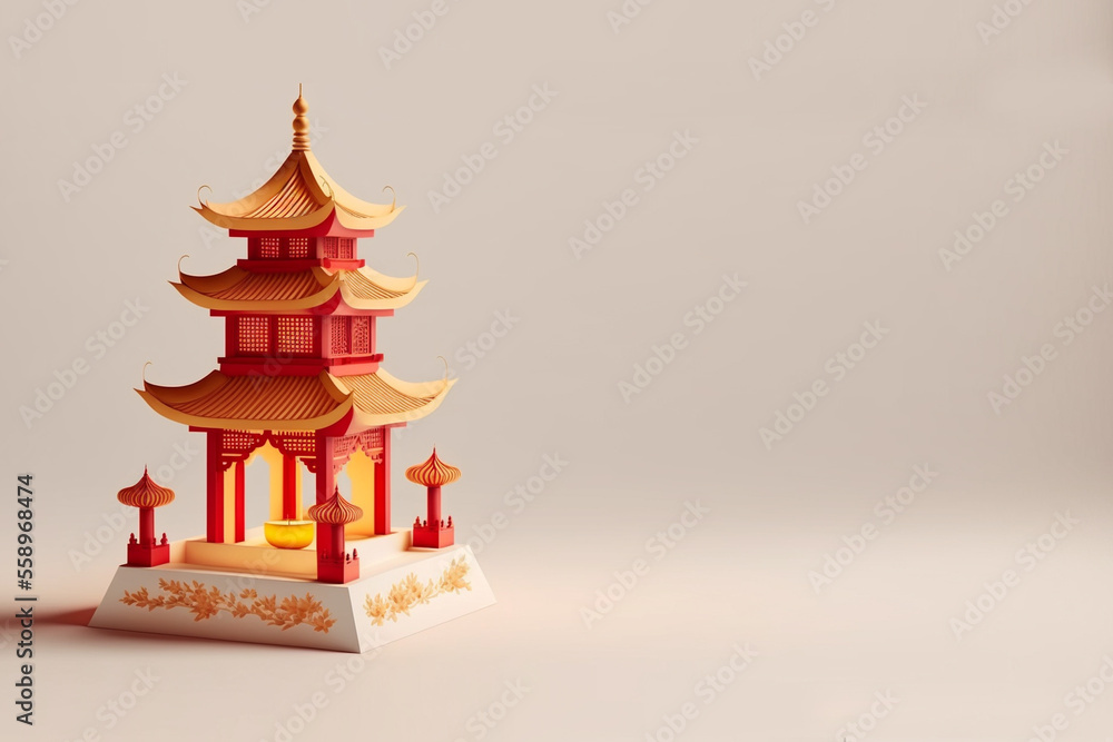 Fototapeta premium Chinese New Year Pagoda in 3D Realistic Rendering With Red and Gold Color. Gong Xi Fa Cai. Generative AI