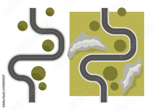 Top view road without cars on a green background and gray mountains