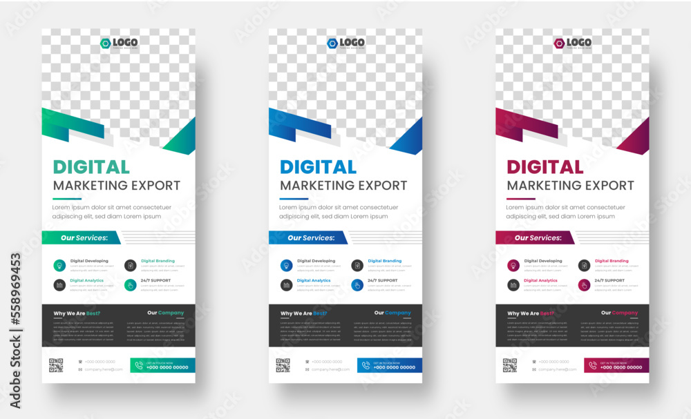 digital marketing corporate business roll up banner or stand banner design template with blue, green and red color. digital marketing corporate business modern rack card and dl flyer design template.