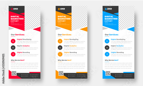 digital marketing corporate business roll up banner or stand banner design template with blue, yellow and red color. digital marketing corporate business modern rack card and dl flyer design template.