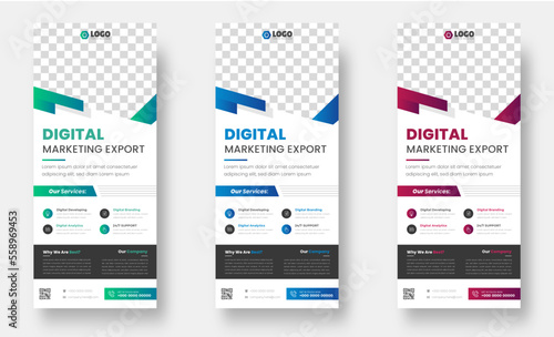 digital marketing corporate business roll up banner or stand banner design template with blue, green and red color. digital marketing corporate business modern rack card and dl flyer design template.