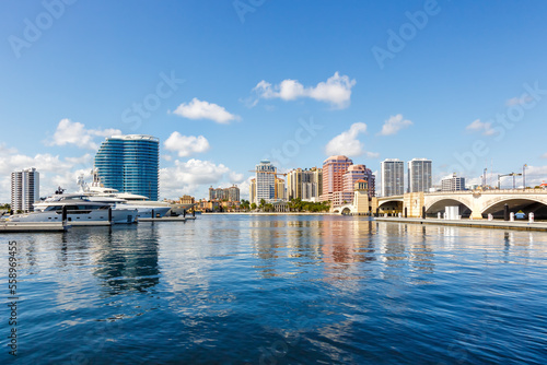 Royal Park Bridge with marina and skyline in West Palm Beach, USA photo