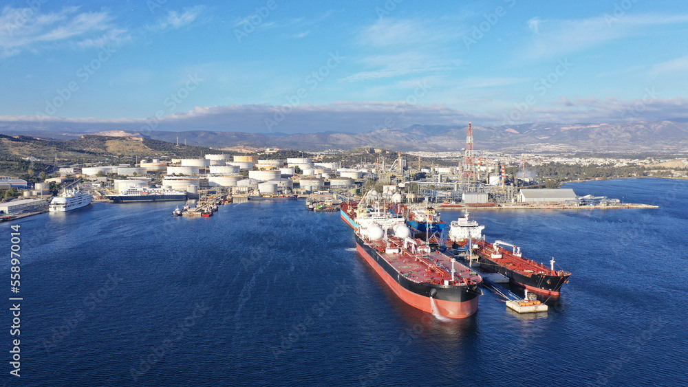 Aerial drone photo of Public Hellenic Petroleum and crude oil refinery in coastal industrial area of Elefsina, Attica, Greece Aerial drone photo of Public Hellenic Petroleum and crude oil refinery in coastal industrial area of Elefsina, Attica, Greece
