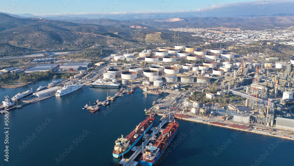 Aerial drone photo of Public Hellenic Petroleum and crude oil refinery in coastal industrial area of Elefsina, Attica, Greece