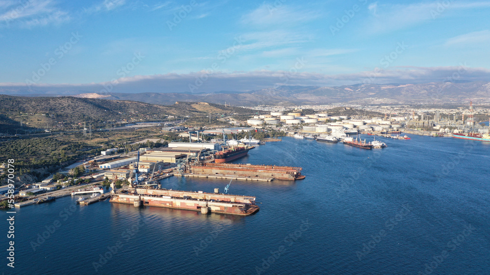 Aerial drone photo of shipyard in Elefsina, Attica, Greece