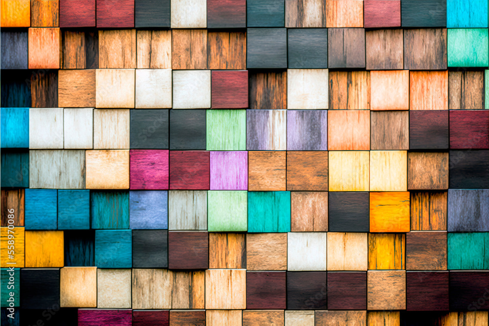 Colourful wood texture square blocks wall, generative ai wood aged creative pattern Colourful wood texture square blocks wall, generative ai wood aged creative pattern