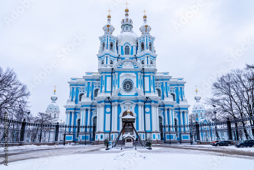 Winter Petersburg. Smolny Cathedral of the Resurrection of Christ in St. Petersburg, Russia photo