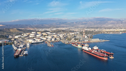 Aerial drone photo of Public Hellenic Petroleum and crude oil refinery in coastal industrial area of Elefsina, Attica, Greece