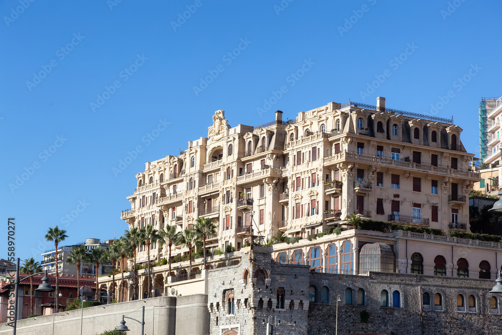 Old Architectural Buildings in the city of Genoa, Italy. Sunny Sky.