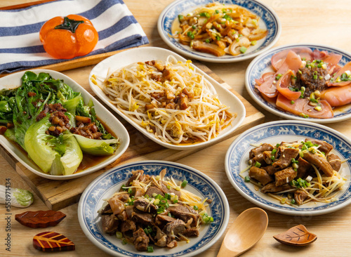 Taiwan food variety Hot Bean Sprouts, Liver Meat Sliced Plate, small intestine cut, hot mainland girl, Sliced Squid with Sand Tea, pig ear with scalp photo