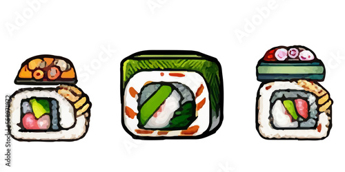 Japanese food. Rolls. Sea food. Isolated vector object on white background. Cartoon print.