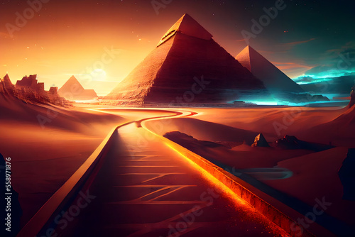An illuminating skating pathway through an area with gigantic ancient pyramids