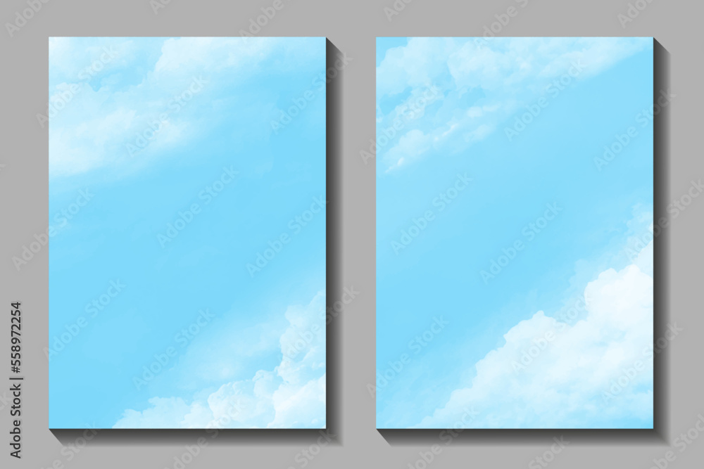 Blue vector watercolor art background with white clouds and blue sky. Hand drawn set vector texture. Heaven. Watercolour banner. Abstract template for flyers, cards, poster, cover or design interior.