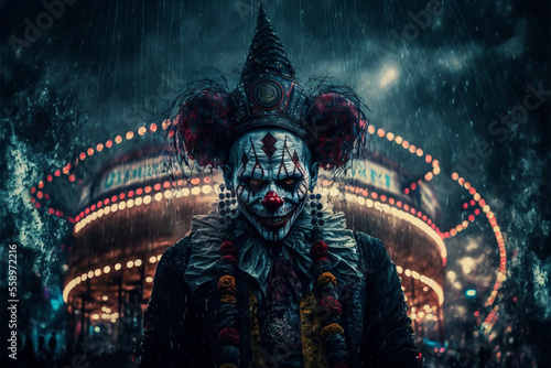 Horror clown and creapy funfair or circus. Concept of evil and fear. Designed using generative ai.  photo