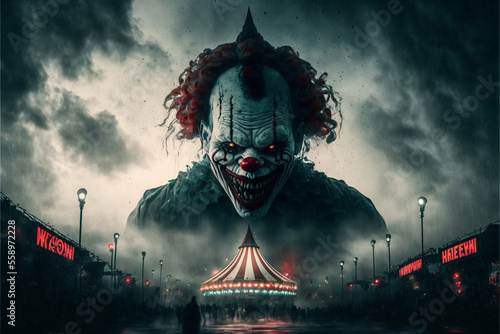 Fotografie, Obraz Horror clown and creapy funfair or circus