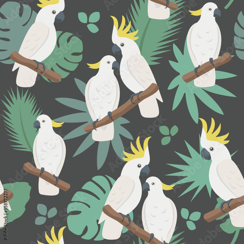 Vector love parrot seamless pattern. Cartoon cute cockatoo family with tropical leaves. Happy Valentine concept. Creative style texture for fabric, wrapping, textile, wallpaper, apparel.