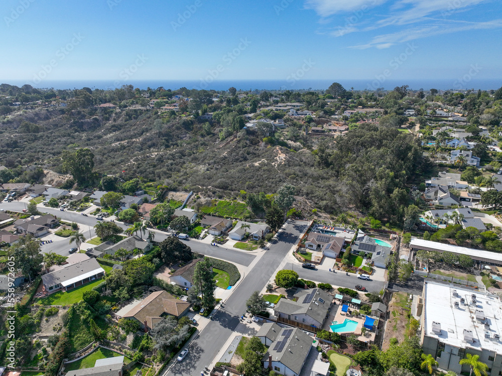 Aerial view houses in the wealthy area of Encinitas the North County area of San Diego County, South California, USA