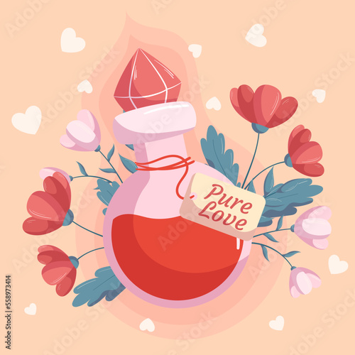St. Valentines Day design with Love potion bottle concept illustration with red and pink flowers behind it on beige backdrop. Greeting card