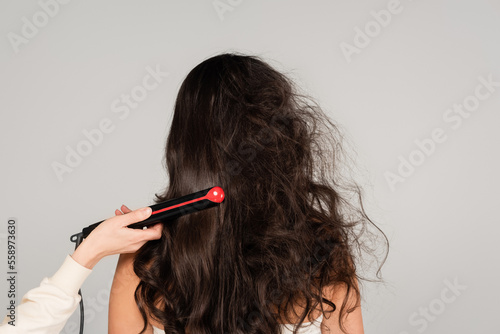 hairdresser straightening hair of curly brunette woman with hair iron isolated on grey. photo
