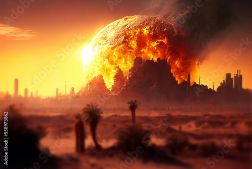 an impact of a giant comet or planet like the moon in the middle of the mountainous desert, burning and glaring. Generative AI
