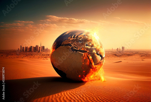 symbolic creative image of destroyed and burning planet earth  in the desert and in the background a fictitious abandoned city  under hot sun. Generative AI