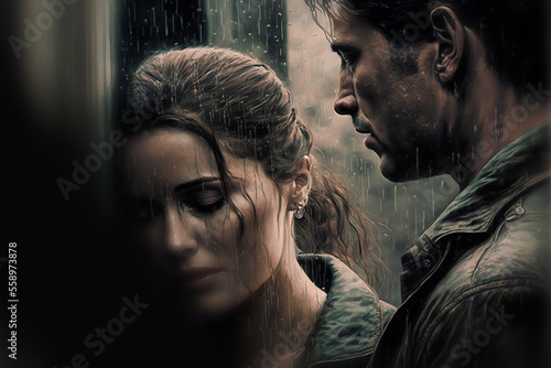 Slika na platnu a sad woman and sad man, raindrops fall. Generative AI