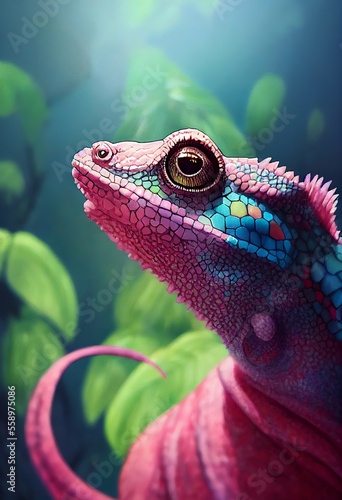 Funny adorable portrait headshot of cute Chameleon. Asian region lizard land animal standing facing front. Watercolor art reptile illustration. Vertical artistic poster. AI generated. photo