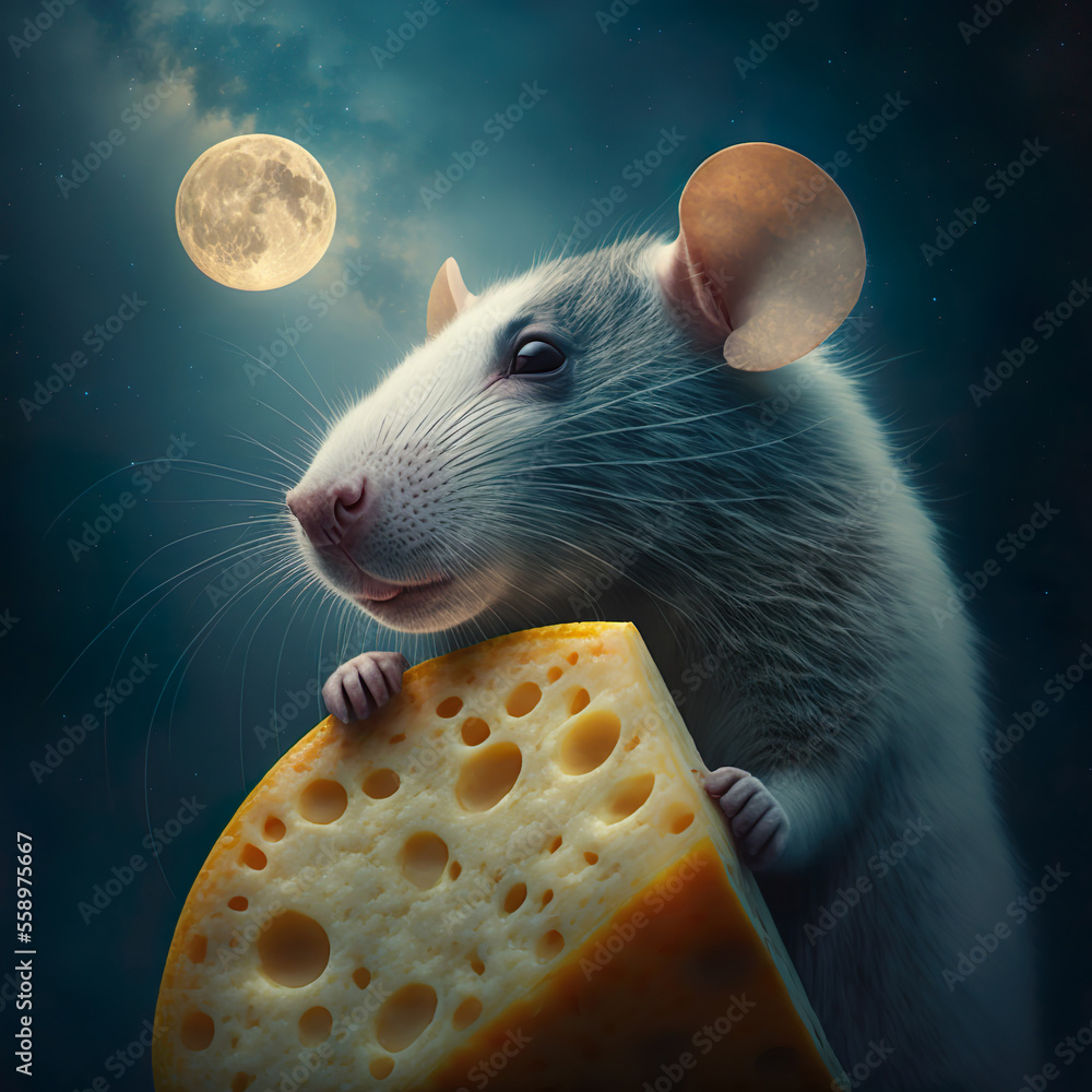 A portrait of a grey rat holding a large piece of cheese under the bright full moon. Created with Generative AI. - obrazy, fototapety, plakaty 