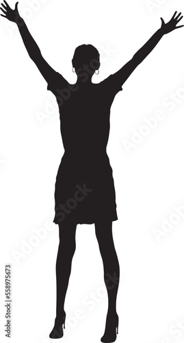Silhouette einer Frau im Kleid, Arme weit ausgestreckt nach oben, freistehend auf weißem Hintergrund