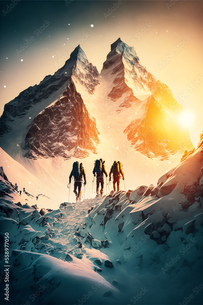 Group of mountaineers. Multiple high alpine climbers in front of a gigantic mountain. Designed using generative ai. - obrazy, fototapety, plakaty 