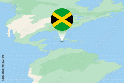 Map illustration of Jamaica with the flag. Cartographic illustration of Jamaica and neighboring countries.