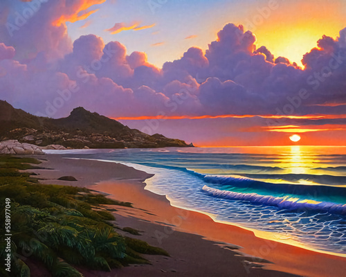 Beautiful sunset, shore, ocean waves. © IM_VISUAL_ARTIST