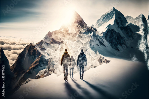 Group of mountaineers. Multiple high alpine climbers in front of a gigantic mountain. Designed using generative ai.