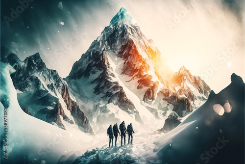 Group of mountaineers. Multiple high alpine climbers in front of a gigantic mountain. Designed using generative ai. photo