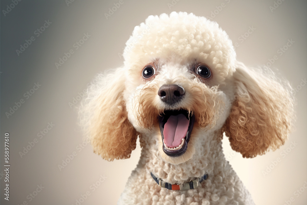 Portrait of a poodle dog with a surprised and happy face. Generative AI. Portrait of a poodle dog with a surprised and happy face. Generative AI.