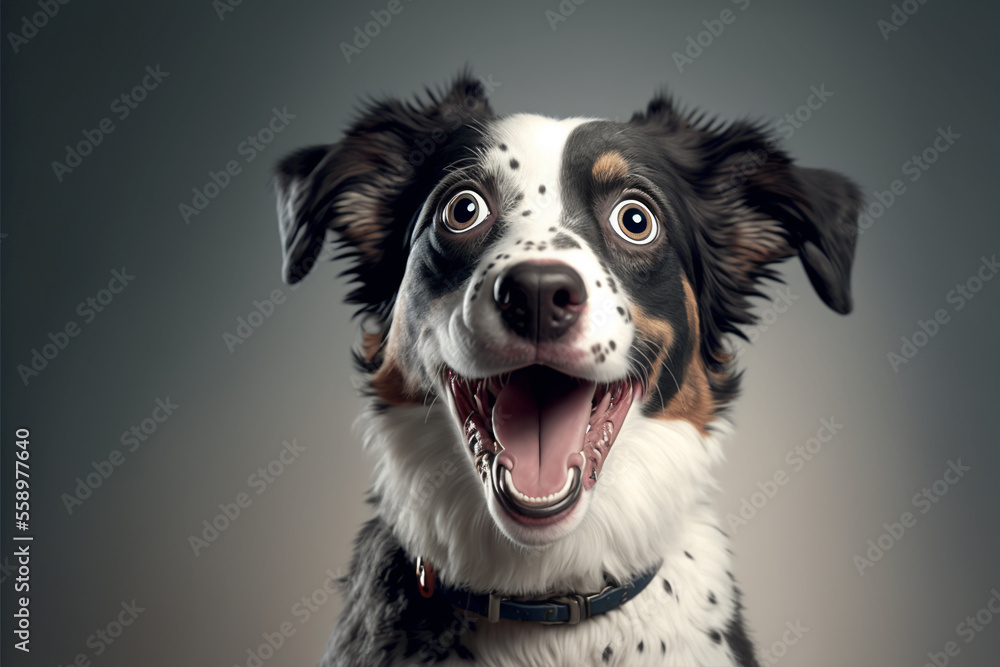Portrait of a border collie dog with a surprised and happy face. Generative AI. Portrait of a border collie dog with a surprised and happy face. Generative AI.