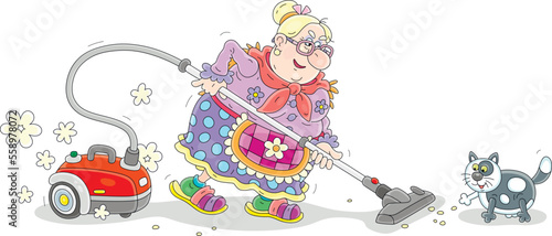 Funny well-fed cat and a comical plump housewife in home clothes diligently vacuuming a floor in her apartment, vector cartoon illustration isolated on a white background