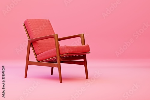 Magenta fabric scandinavian chair on pink background with copy space. 3D rendering