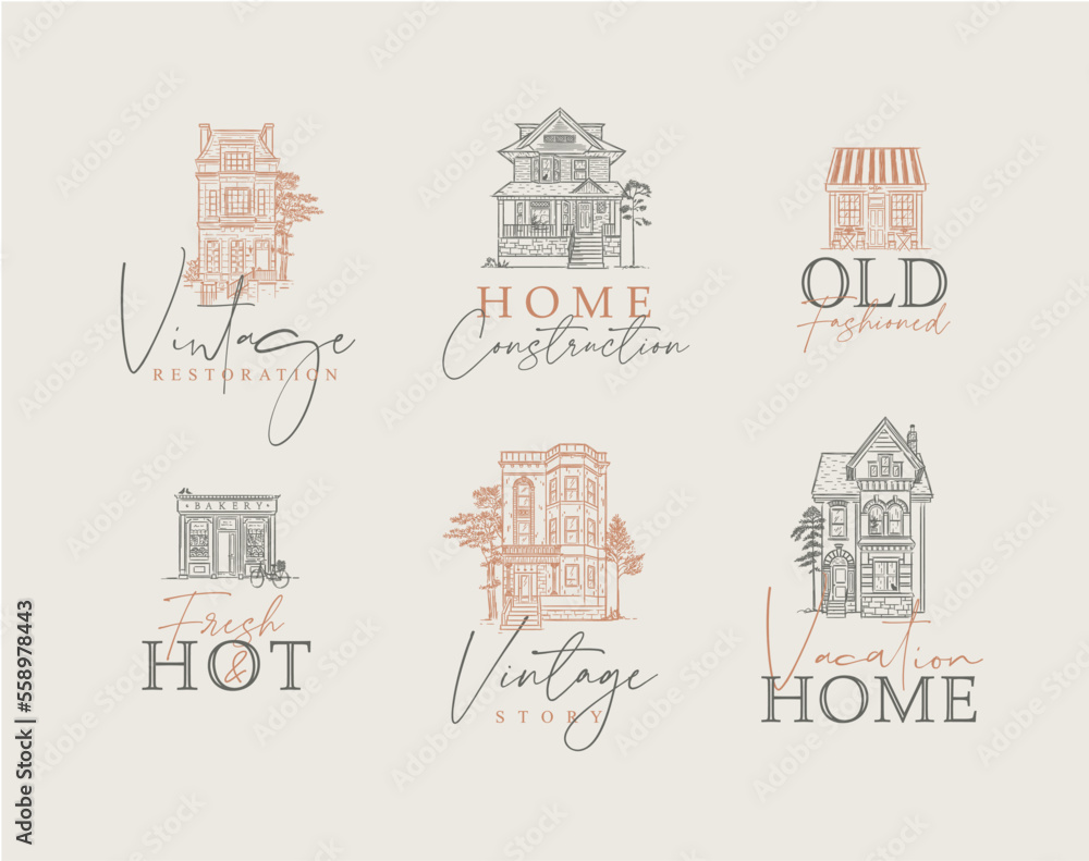 Victorian houses with lettering drawing in old fashioned vintage style on coffee background.