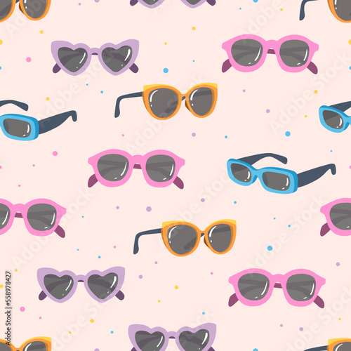 Seamless pattern with sunglasses. Trendy glasses in different style, form and colors. Cute isolated vector illustration