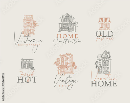 Obraz na płótnie Victorian houses with lettering drawing in old fashioned vintage style on coffee background. w salonie