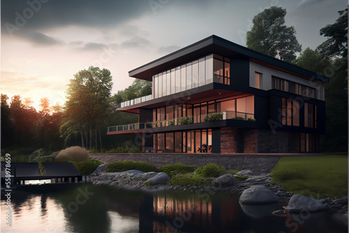 2023 modern house in the woods, with a small lake in a wonderful atmosphere © elzibq