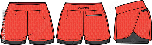 Women athletic Running trail Shorts design flat sketch fashion Illustration for girls and Ladies, Athletic shorts concept with front and back view for tracking active wear.