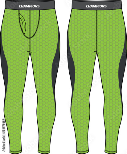 Sports running tights leggings Pants design flat sketch vector illustration, Compression trail pants concept with front and back view, Sweatpants for jogging, fitness, and active wear pants design.