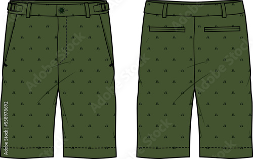 Chino sartorial Shorts design flat sketch vector illustration, denim casual shorts concept with front and back view, printed walking bermuda walking shorts design illustration