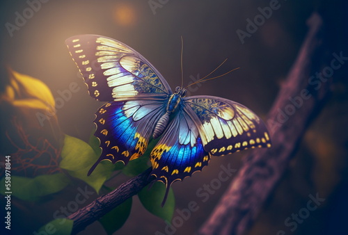 Exotic Butterfly sitting on a Branch, Blurred forest Background