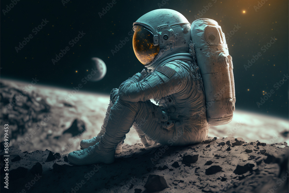 Astronaut sits on the moon in despair, travel to an alien planet, illustration generated ai 