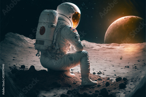astronaut sits on the moon in despair, travel to an alien planet, art,