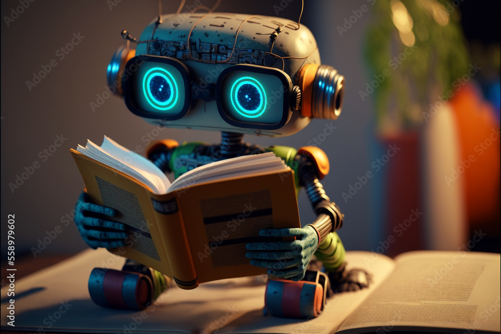 cute robot reading a book, technological progress, cartoon style, android child, future art, ai, anthropomorphism - obrazy, fototapety, plakaty 