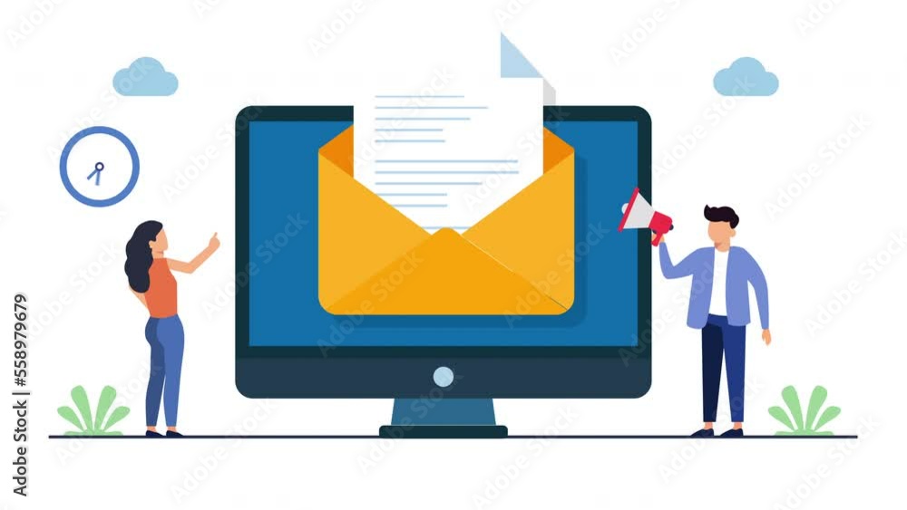 email marketing, Newsletter campaign - conceptual 2d animation.woman and man with megaphone,deskop with business icon.conceptual animation video clip. email marketing, Newsletter campaign - conceptual 2d animation.woman and man with megaphone,deskop with business icon.conceptual animation video clip.